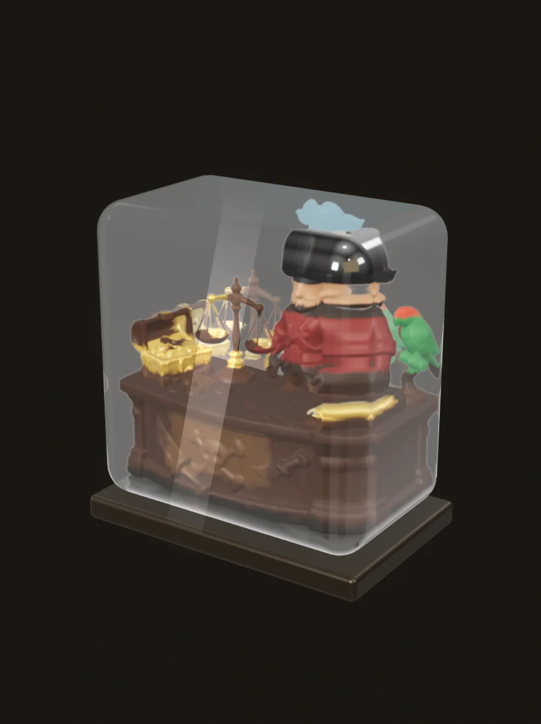 A brass maquette of the simulator's pawn shop counter, under a glass case